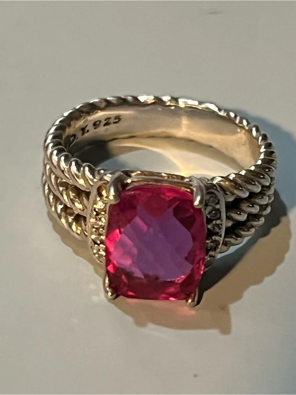 David Yurman Sterling Silver Petite Pink Tourmaline Diamond Wheaton Ring Size 6